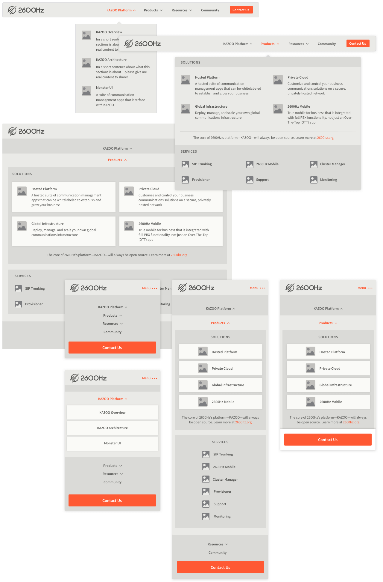 Wireframes for 2600hz.com navigation