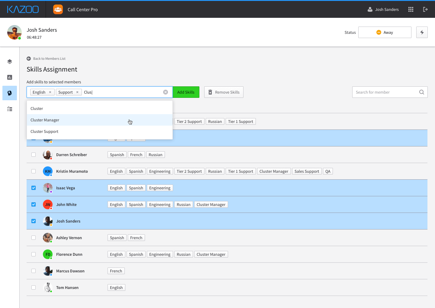 Adding skill tags to call center members