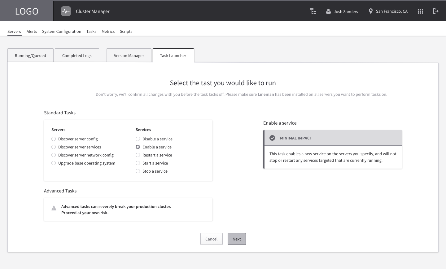 High-fidelity wireframe of the Task Launcher